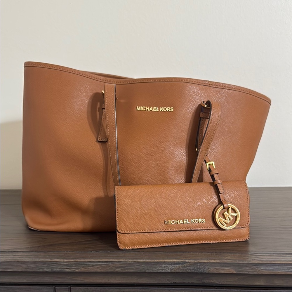 Michael Kors Tan Leather Tote Bag with Gold Accents